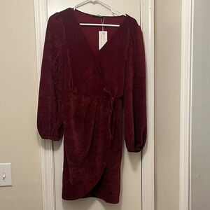 Simplee Apparel Wine Red Long-Sleeve Velvet Wrap Dress